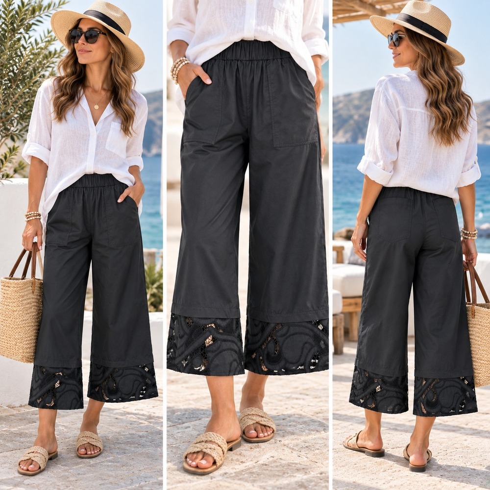 Banana Republic Embroidered Cropped Pants SP Petite Black Cotton NWT Wide Leg